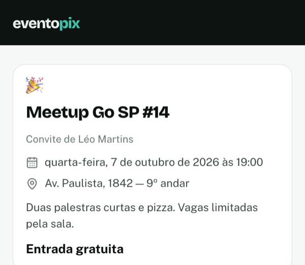 A página de inscrição do Meetup Go SP, com entrada gratuita.