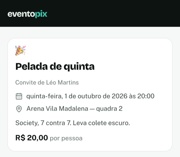 A página da Pelada de quinta, aberta pelo link do grupo.