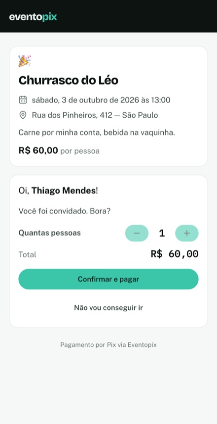 O convite que o convidado abre no celular, com o nome dele e o botão de confirmar e pagar.
