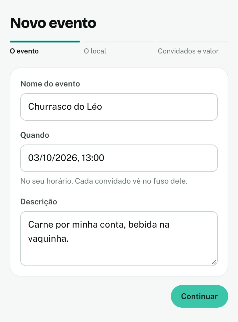 O formulário de evento novo preenchido: Churrasco do Léo, sábado às 13h.